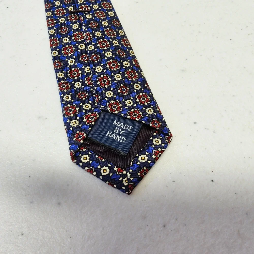 Handmade Silk Necktie Mens Navy Blue Burgundy Geometric Medallion Made‎ in USA